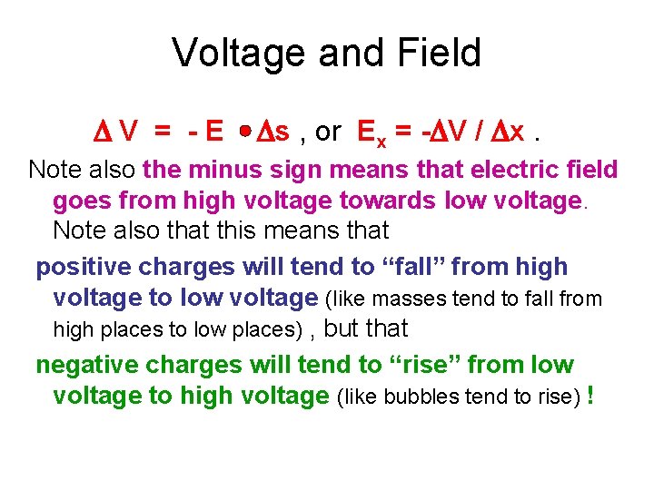 Voltage and Field V = - E s , or Ex = - V