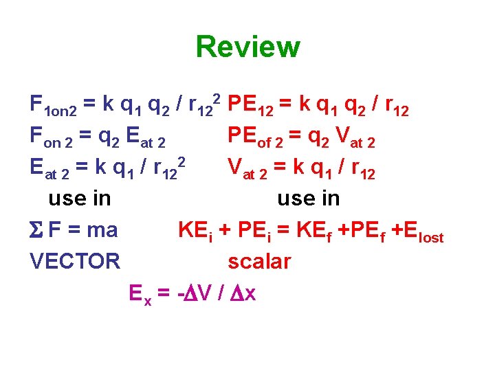Review F 1 on 2 = k q 1 q 2 / r 122