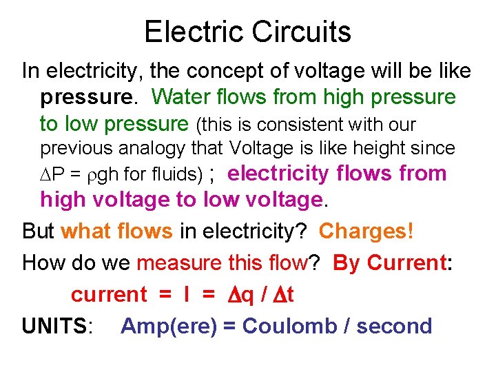 Electric Circuits In electricity, the concept of voltage will be like pressure. Water flows