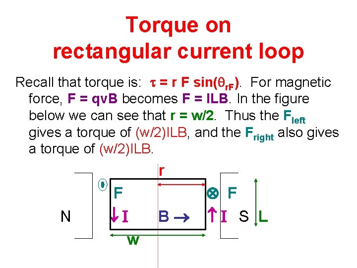 Torque on rectangular current loop Recall that torque is: t = r F sin(