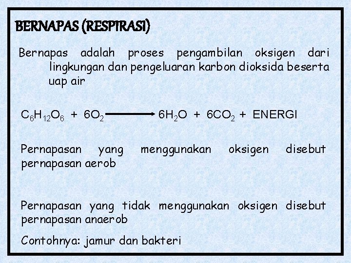 BERNAPAS (RESPIRASI) Bernapas adalah proses pengambilan oksigen dari lingkungan dan pengeluaran karbon dioksida beserta