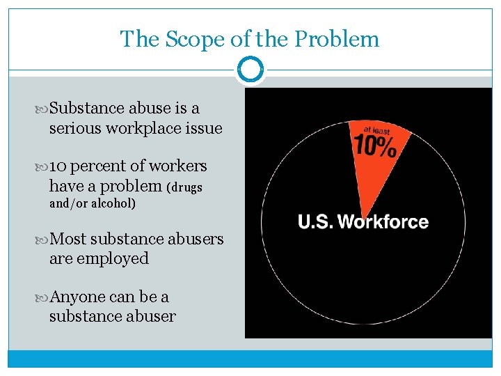 The Scope of the Problem Substance abuse is a serious workplace issue 10 percent