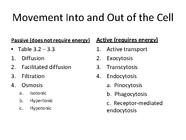 Movement Into and Out of the Cell Passive (does not require energy) • 1.