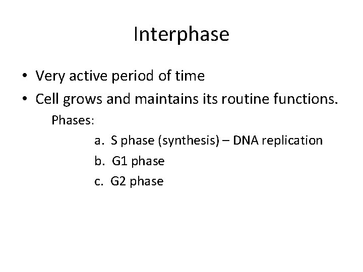 Interphase • Very active period of time • Cell grows and maintains its routine