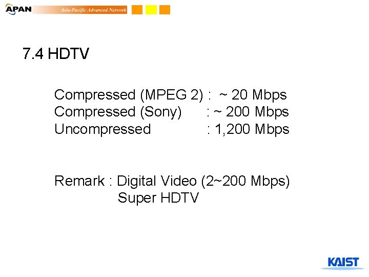 7. 4 HDTV Compressed (MPEG 2) : ~ 20 Mbps Compressed (Sony) : ~