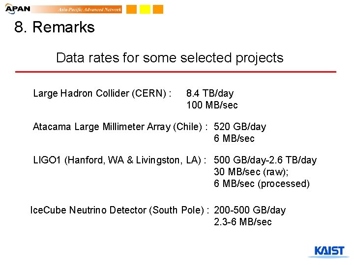 8. Remarks Data rates for some selected projects Large Hadron Collider (CERN) : 8.