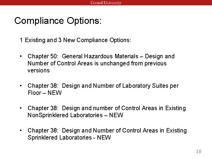 Compliance Options: 1 Existing and 3 New Compliance Options: • Chapter 50: General Hazardous Compliance Options: 1 Existing and 3 New Compliance Options: • Chapter 50: General Hazardous