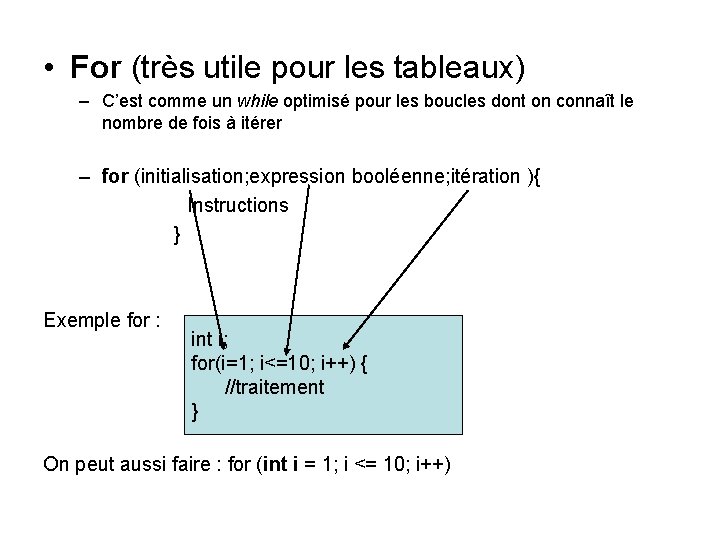 • For (très utile pour les tableaux) – C’est comme un while optimisé • For (très utile pour les tableaux) – C’est comme un while optimisé