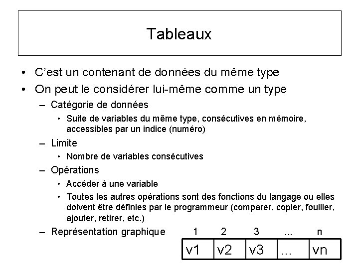 Tableaux • C’est un contenant de données du même type • On peut le