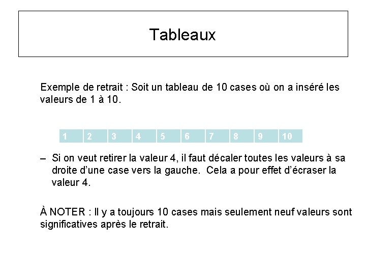 Tableaux Exemple de retrait : Soit un tableau de 10 cases où on a Tableaux Exemple de retrait : Soit un tableau de 10 cases où on a