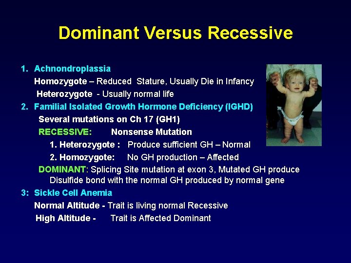 Dominant Versus Recessive 1. Achnondroplassia Homozygote – Reduced Stature, Usually Die in Infancy Heterozygote