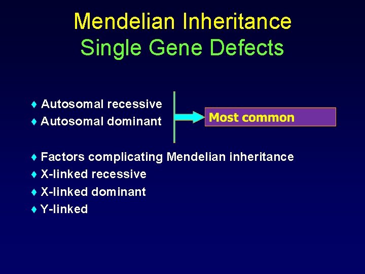 Mendelian Inheritance Single Gene Defects ♦ Autosomal recessive ♦ Autosomal dominant ♦ Factors complicating