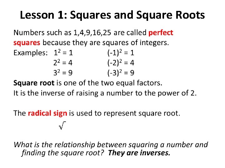 Lesson 1: Squares and Square Roots • 