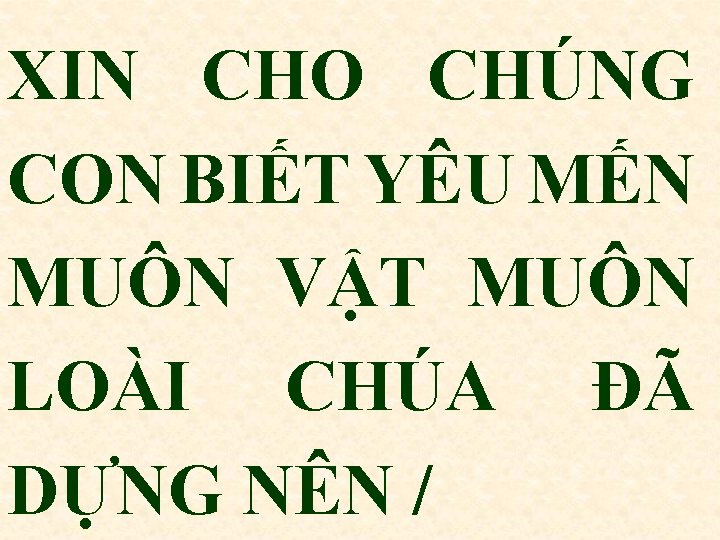 XIN CHO CHÚNG CON BIẾT YÊU MẾN MUÔN VẬT MUÔN LOÀI CHÚA ĐÃ DỰNG