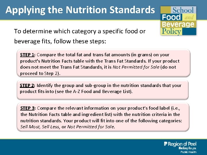 Applying the Nutrition Standards To determine which category a specific food or beverage fits,