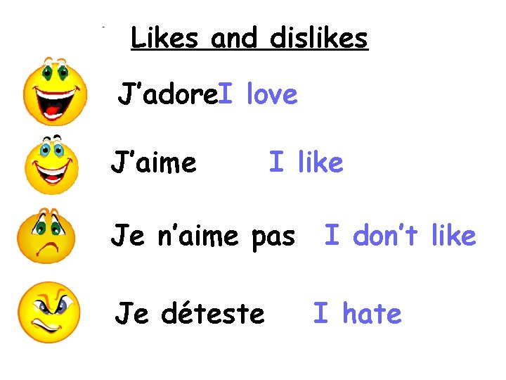 Likes and dislikes J’adore. I love J’aime I like Je n’aime pas Je déteste