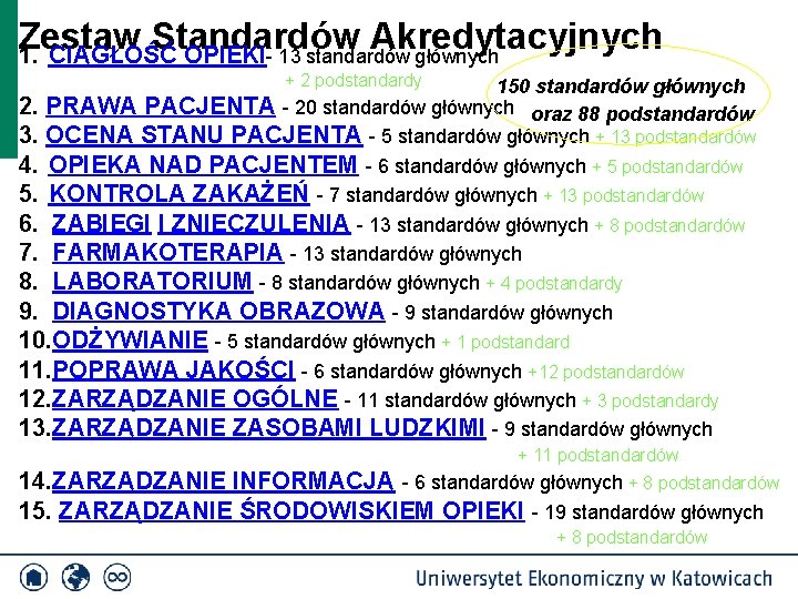 Zestaw Standardów Akredytacyjnych 1. CIĄGŁOŚĆ OPIEKI- 13 standardów głównych + 2 podstandardy 150 standardów