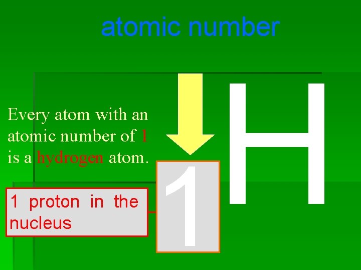 atomic number Every atom with an atomic number of 1 is a hydrogen atom.