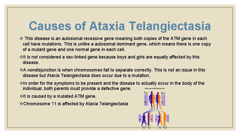 Causes of Ataxia Telangiectasia v This disease is an autosomal recessive gene meaning both