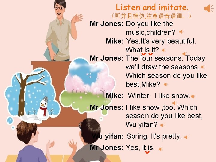 Listen and imitate. （听并且模仿, 注意语音语调。） Mr Jones: Do you like the music, children? Mike:
