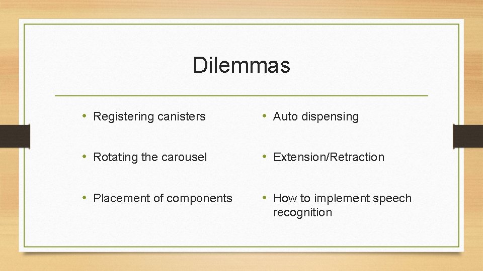 Dilemmas • Registering canisters • Auto dispensing • Rotating the carousel • Extension/Retraction •