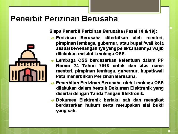 Penerbit Perizinan Berusaha Siapa Penerbit Perizinan Berusaha (Pasal 18 & 19): Perizinan Berusaha diterbitkan