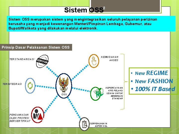 Sistem OSS 2 Sistem OSS merupakan sistem yang mengintegrasikan seluruh pelayanan perizinan berusaha yang