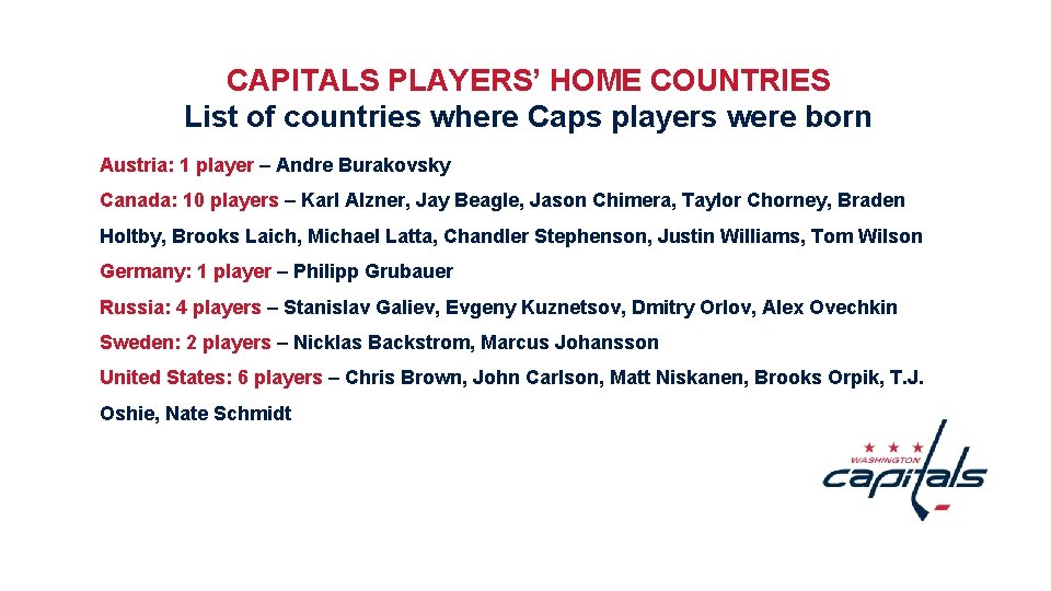 CAPITALS PLAYERS’ HOME COUNTRIES List of countries where Caps players were born Austria: 1