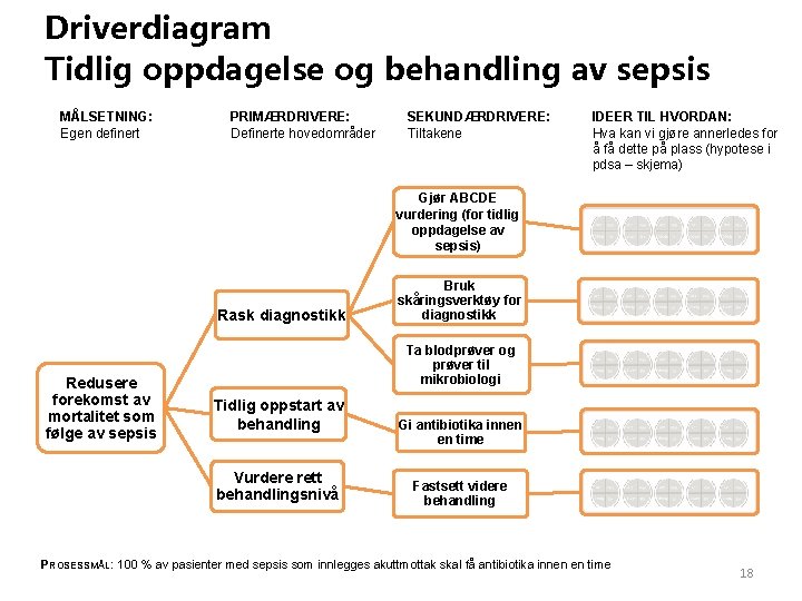 Driverdiagram Tidlig oppdagelse og behandling av sepsis MÅLSETNING: Egen definert PRIMÆRDRIVERE: Definerte hovedområder SEKUNDÆRDRIVERE: