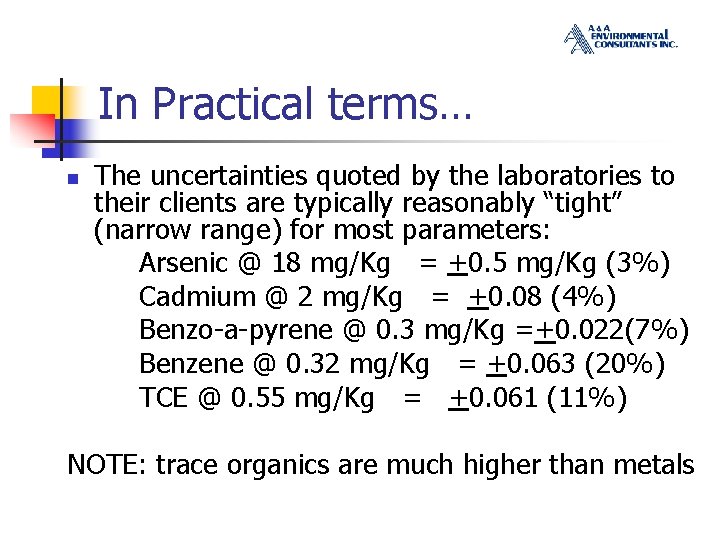 In Practical terms… n The uncertainties quoted by the laboratories to their clients are