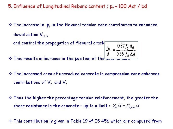 5. Influence of Longitudinal Rebars content ; pt – 100 Ast / bd v