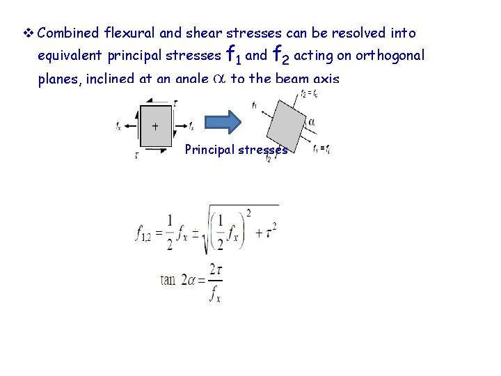 v Combined flexural and shear stresses can be resolved into equivalent principal stresses planes,