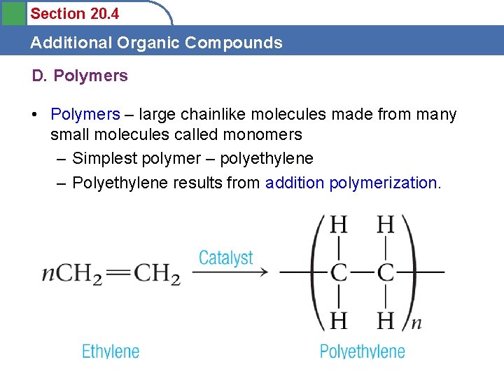 Section 20. 4 Additional Organic Compounds D. Polymers • Polymers – large chainlike molecules