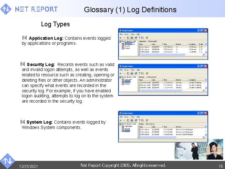 Glossary (1) Log Definitions Log Types Application Log: Contains events logged by applications or