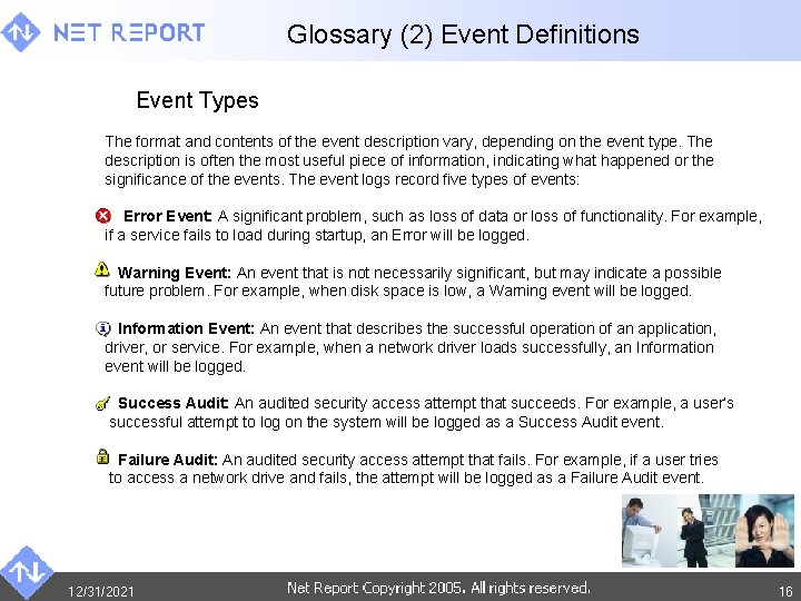 Glossary (2) Event Definitions Event Types The format and contents of the event description