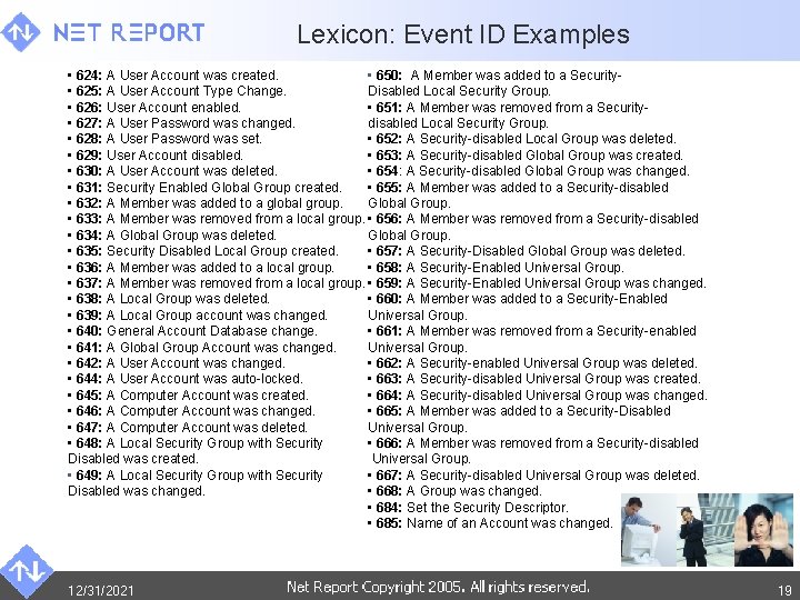 Lexicon: Event ID Examples • 624: A User Account was created. • 650: A