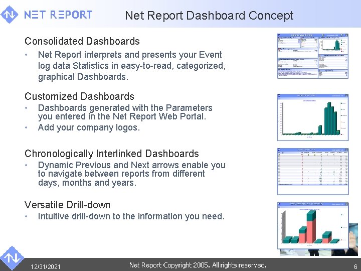 Net Report Dashboard Concept Consolidated Dashboards • Net Report interprets and presents your Event