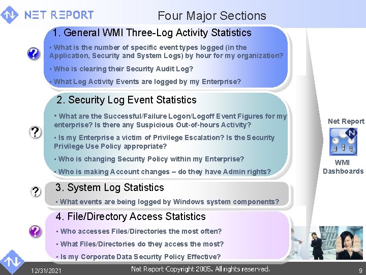 Four Major Sections 1. General WMI Three-Log Activity Statistics • What is the number