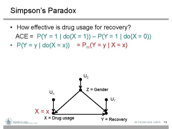 Simpson’s Paradox • How effective is drug usage for recovery? ACE = P(Y =