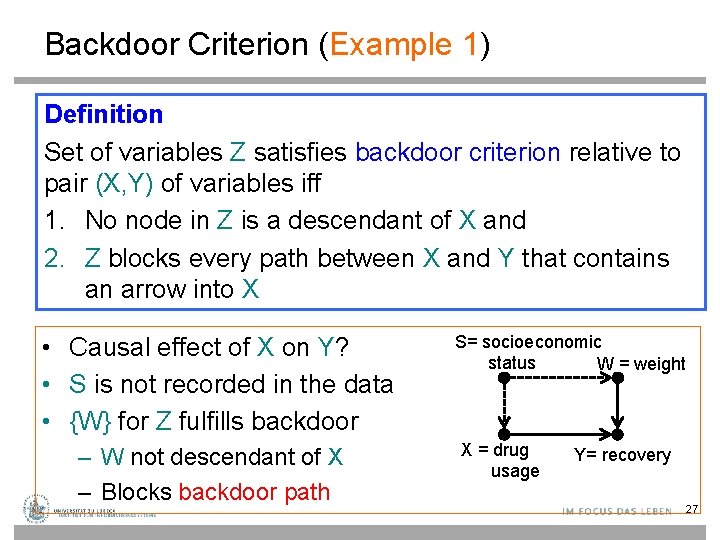 Backdoor Criterion (Example 1) Definition Set of variables Z satisfies backdoor criterion relative to