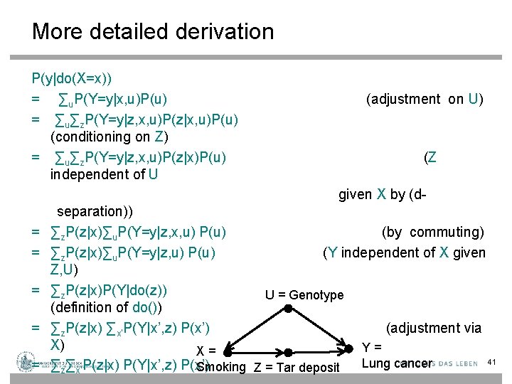 More detailed derivation P(y|do(X=x)) = ∑u. P(Y=y|x, u)P(u) = ∑u∑z. P(Y=y|z, x, u)P(z|x, u)P(u)