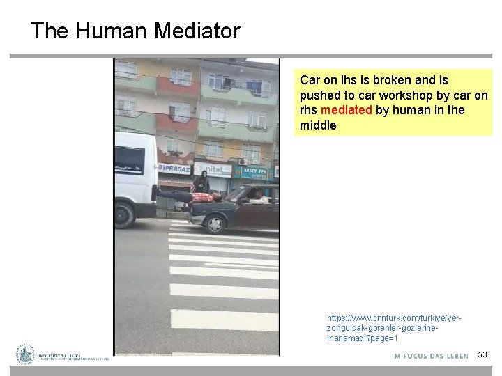 The Human Mediator Car on lhs is broken and is pushed to car workshop