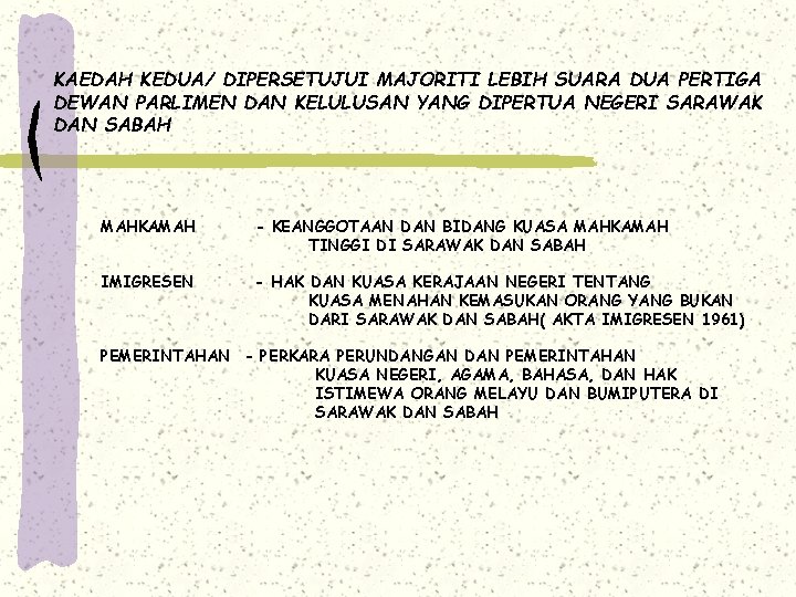 KAEDAH KEDUA/ DIPERSETUJUI MAJORITI LEBIH SUARA DUA PERTIGA DEWAN PARLIMEN DAN KELULUSAN YANG DIPERTUA KAEDAH KEDUA/ DIPERSETUJUI MAJORITI LEBIH SUARA DUA PERTIGA DEWAN PARLIMEN DAN KELULUSAN YANG DIPERTUA
