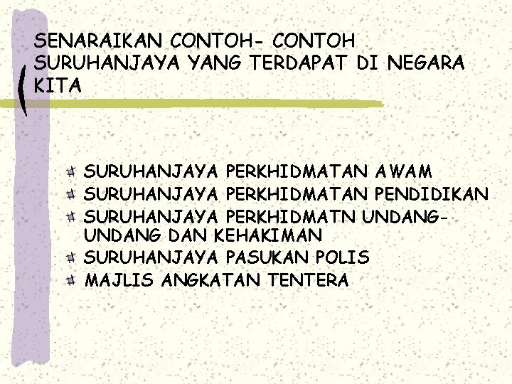 SENARAIKAN CONTOH- CONTOH SURUHANJAYA YANG TERDAPAT DI NEGARA KITA SURUHANJAYA PERKHIDMATAN AWAM SURUHANJAYA PERKHIDMATAN