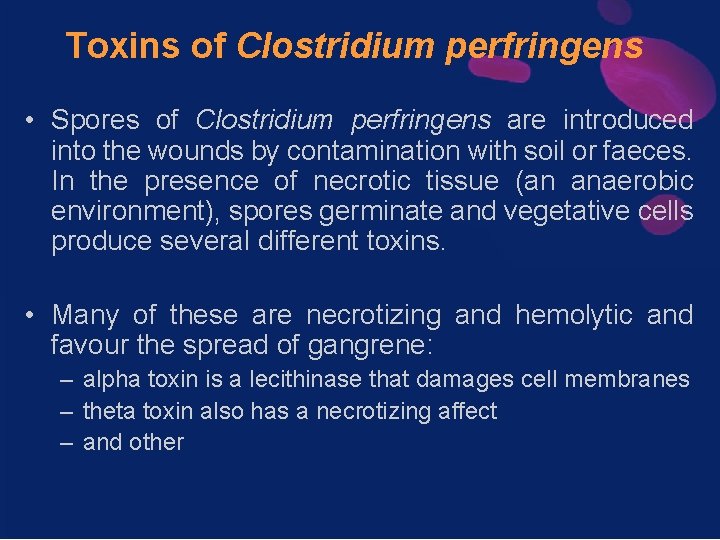 Toxins of Clostridium perfringens • Spores of Clostridium perfringens are introduced into the wounds