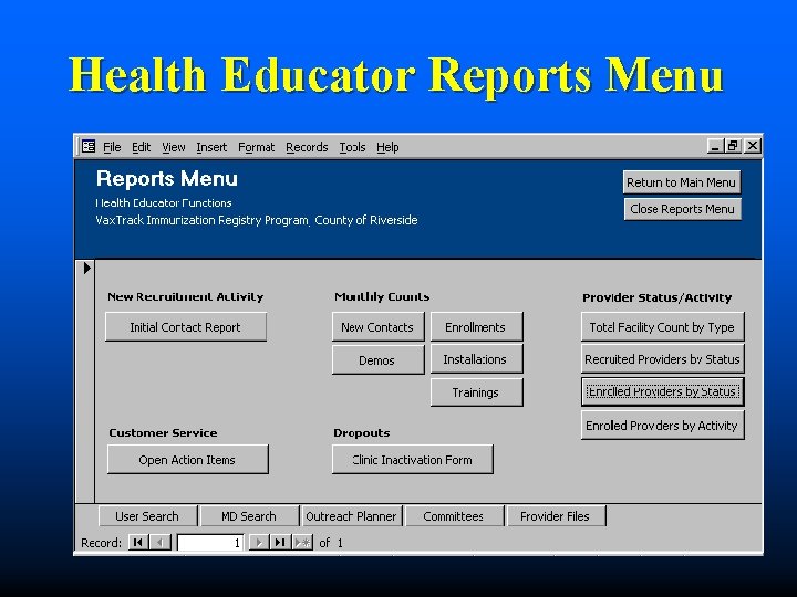 Health Educator Reports Menu 