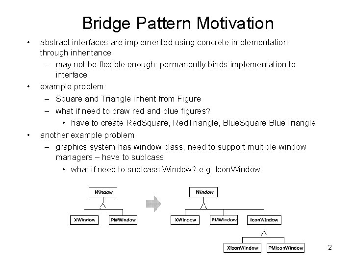Bridge Pattern Motivation • • • abstract interfaces are implemented using concrete implementation through Bridge Pattern Motivation • • • abstract interfaces are implemented using concrete implementation through