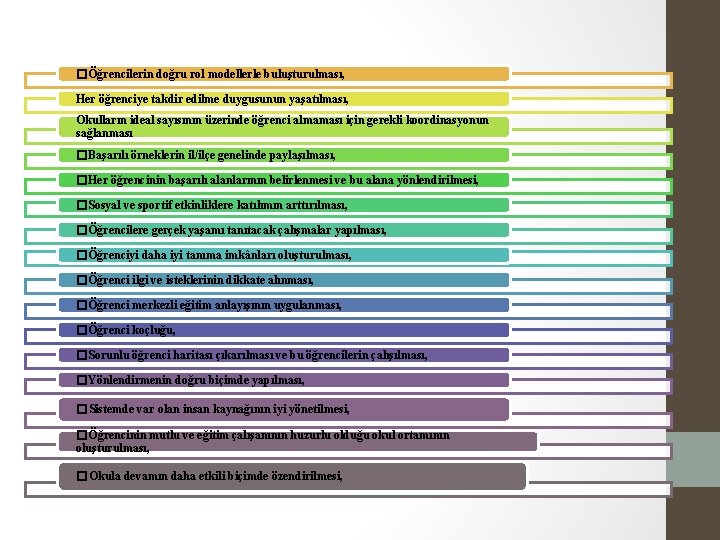 � Öğrencilerin doğru rol modellerle buluşturulması, Her öğrenciye takdir edilme duygusunun yaşatılması, Okulların ideal