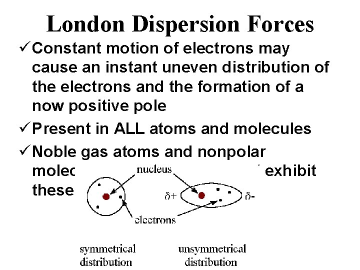 London Dispersion Forces ü Constant motion of electrons may cause an instant uneven distribution