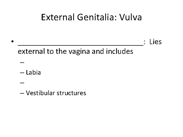 External Genitalia: Vulva • ________________: Lies external to the vagina and includes – –